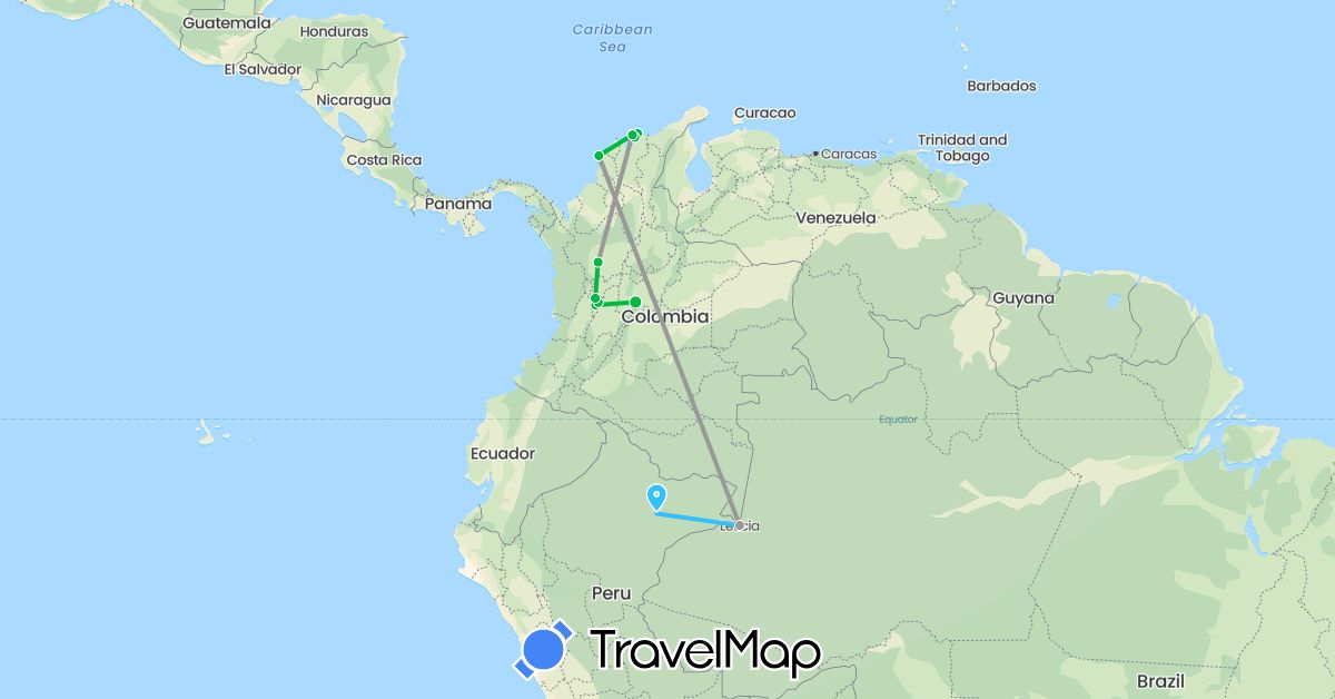 TravelMap itinerary: driving, bus, plane, boat in Colombia, Peru (South America)